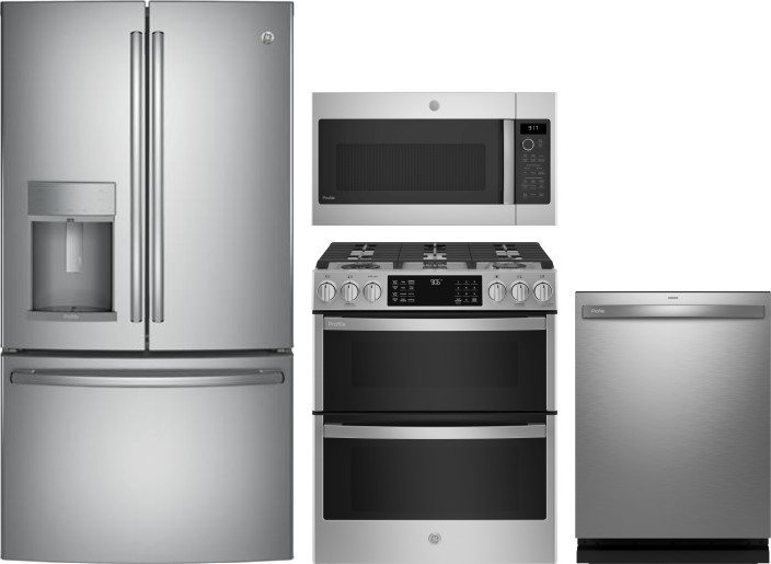 GE Profile 4 Piece Kitchen Appliances Package with French Door Refrigerator, Gas Range, Dishwasher and Over the Range Microwave in Stainless Steel GER