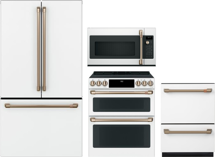 Cafe 4 Piece Kitchen Appliances Package with French Door Refrigerator, Induction Range, Dishwasher and Over the Range Microwave in Matte White CAFRERA