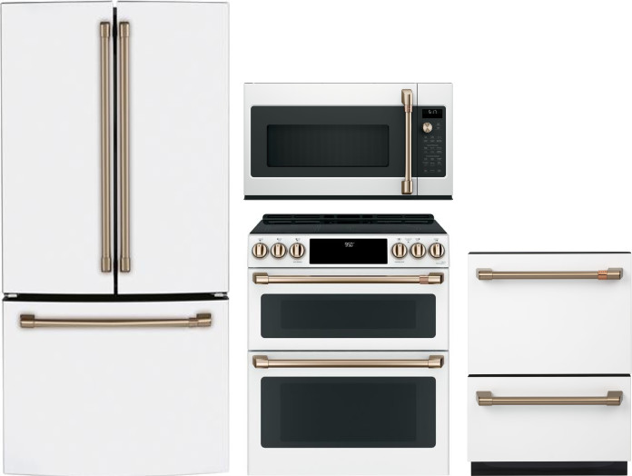 Cafe 4 Piece Kitchen Appliances Package with French Door Refrigerator, Induction Range, Dishwasher and Over the Range Microwave in Matte White CAFRERA