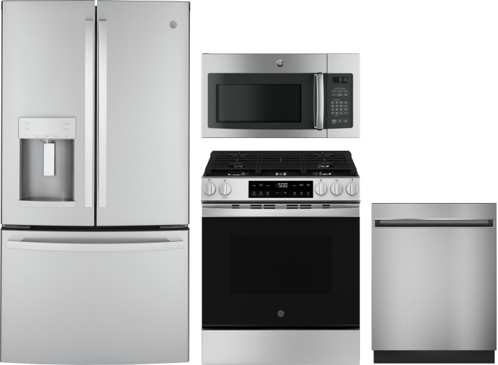 GE 4 Piece Kitchen Appliances Package with French Door Refrigerator, Gas Range, Dishwasher and Over the Range Microwave in Stainless Steel GERERADWMW1