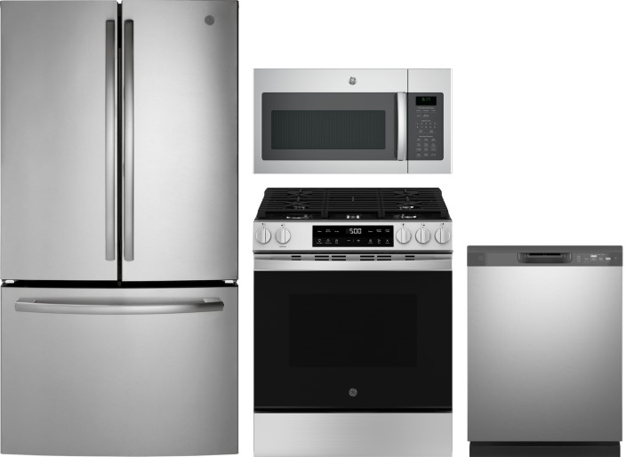 GE 4 Piece Kitchen Appliances Package with French Door Refrigerator, Gas Range, Dishwasher and Over the Range Microwave in Stainless Steel GERERADWMW1