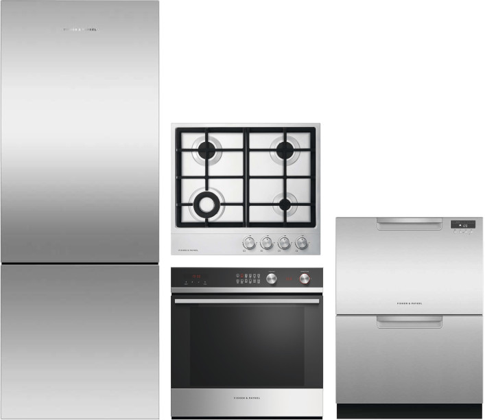 Fisher & Paykel Series 5 Contemporary 4 Piece Kitchen Appliances Package with Bottom Freezer Refrigerator and Dishwasher in Stainless Steel FPRECTWODW