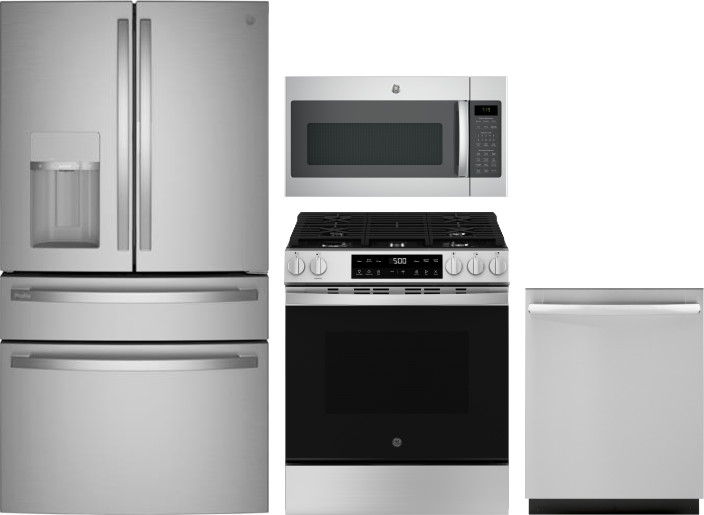 GE 4 Piece Kitchen Appliances Package with French Door Refrigerator, Gas Range, Dishwasher and Over the Range Microwave in Stainless Steel GERERADWMW1
