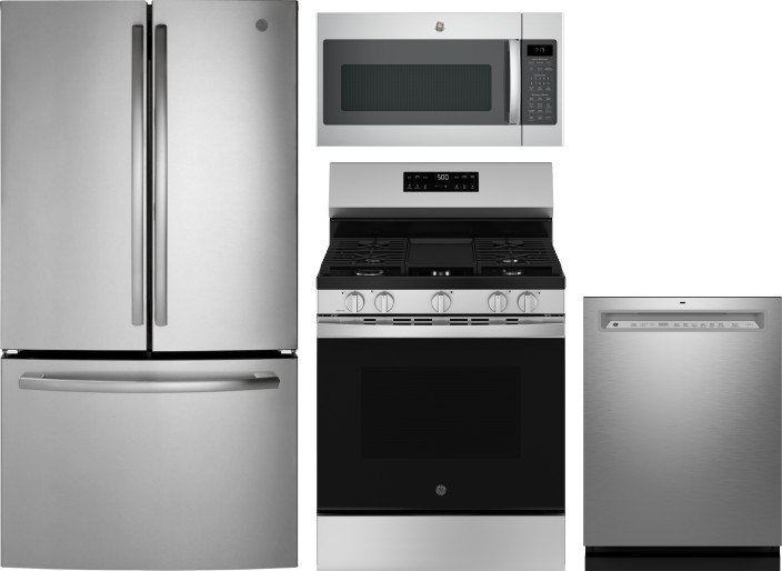 GE 4 Piece Kitchen Appliances Package with French Door Refrigerator, Gas Range, Dishwasher and Over the Range Microwave in Stainless Steel GERERADWMW1