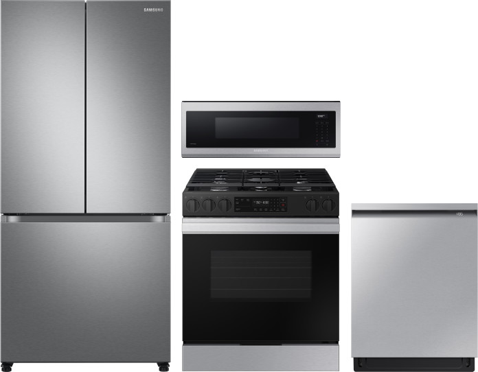 Samsung 4 Piece Kitchen Appliances Package with French Door Refrigerator, Gas Range, Dishwasher and Over the Range Microwave in Stainless Steel SARERA