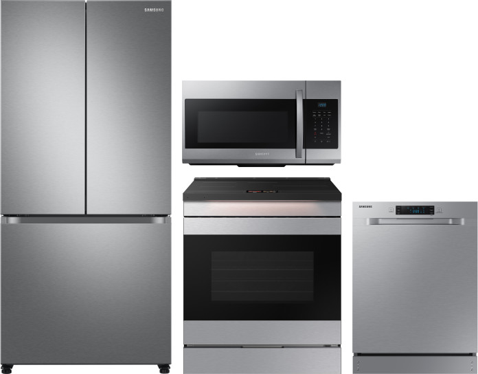 Samsung 4 Piece Kitchen Appliances Package with French Door Refrigerator, Induction Range, Dishwasher and Over the Range Microwave in Stainless Steel