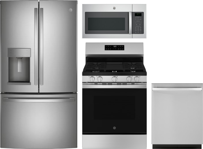 GE 4 Piece Kitchen Appliances Package with French Door Refrigerator, Gas Range, Dishwasher and Over the Range Microwave in Stainless Steel GERERADWMW1