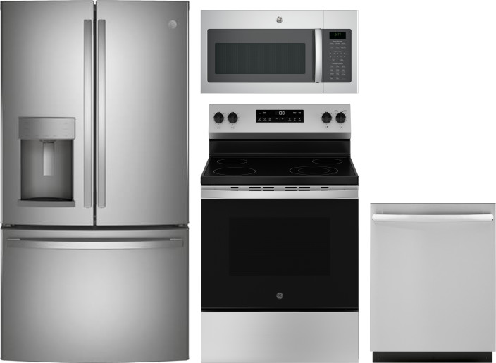 GE 4 Piece Kitchen Appliances Package with French Door Refrigerator, Electric Range, Dishwasher and Over the Range Microwave in Stainless Steel GERERA