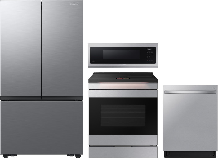 Samsung 4 Piece Kitchen Appliances Package with French Door Refrigerator, Induction Range, Dishwasher and Over the Range Microwave in Stainless Look S