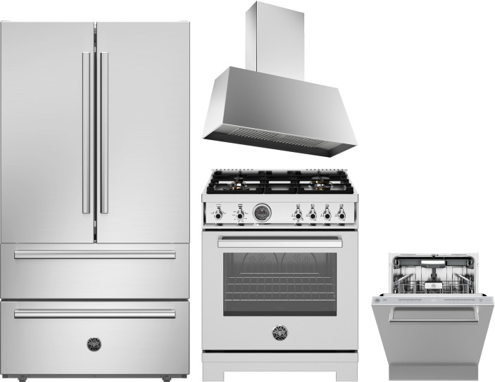 Bertazzoni 4 Piece Kitchen Appliances Package with French Door Refrigerator, Gas Range and Dishwasher in Stainless Steel BERERADWRH1193