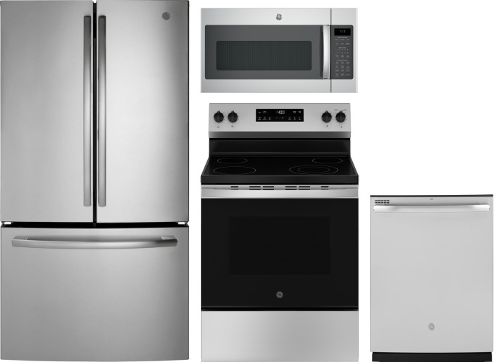 GE 4 Piece Kitchen Appliances Package with French Door Refrigerator, Electric Range, Dishwasher and Over the Range Microwave in Stainless Steel GERERA
