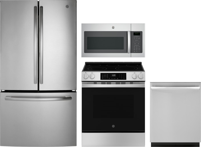 GE 4 Piece Kitchen Appliances Package with French Door Refrigerator, Electric Range, Dishwasher and Over the Range Microwave in Stainless Steel GERERA