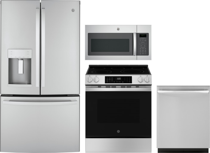 GE 4 Piece Kitchen Appliances Package with French Door Refrigerator, Electric Range, Dishwasher and Over the Range Microwave in Stainless Steel GERERA