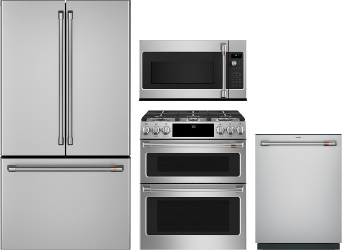 Cafe 4 Piece Kitchen Appliances Package with French Door Refrigerator, Gas Range, Dishwasher and Over the Range Microwave in Stainless Steel CAFRERADW