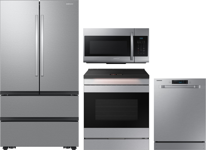 Samsung 4 Piece Kitchen Appliances Package with French Door Refrigerator, Induction Range, Dishwasher and Over the Range Microwave in Stainless Steel