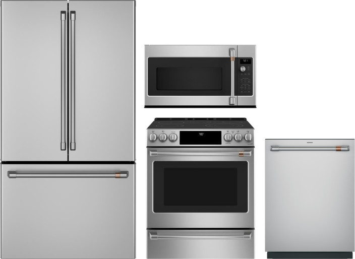 Cafe 4 Piece Kitchen Appliances Package with French Door Refrigerator, Electric Range, Dishwasher and Over the Range Microwave in Stainless Steel CAFR