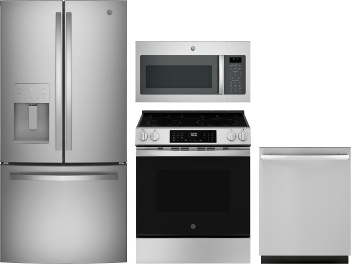 GE 4 Piece Kitchen Appliances Package with French Door Refrigerator, Electric Range, Dishwasher and Over the Range Microwave in Stainless Steel GERERA