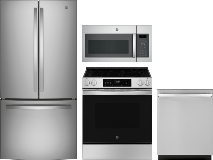 GE 4 Piece Kitchen Appliances Package with French Door Refrigerator, Electric Range, Dishwasher and Over the Range Microwave in Stainless Steel GERERA