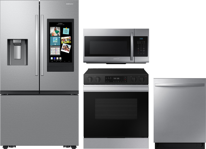 Samsung 4 Piece Kitchen Appliances Package with French Door Refrigerator, Electric Range, Dishwasher and Over the Range Microwave in Fingerprint Resis