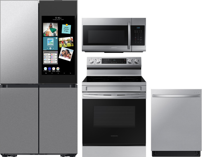 Samsung 4 Piece Kitchen Appliances Package with French Door Refrigerator, Electric Range, Dishwasher and Over the Range Microwave in Fingerprint Resis