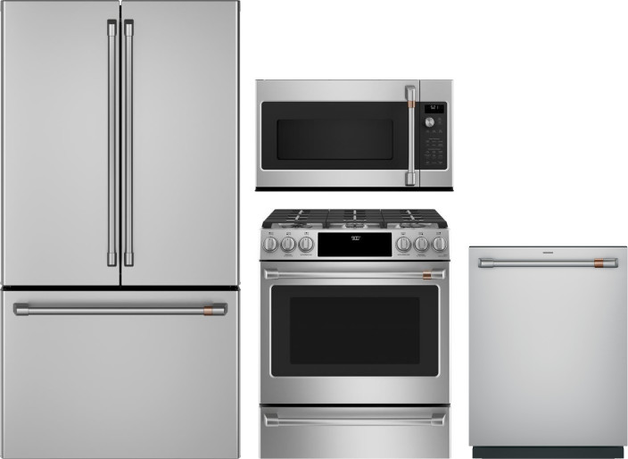 Cafe 4 Piece Kitchen Appliances Package with French Door Refrigerator, Dual Fuel Range, Dishwasher and Over the Range Microwave in Stainless Steel CAF