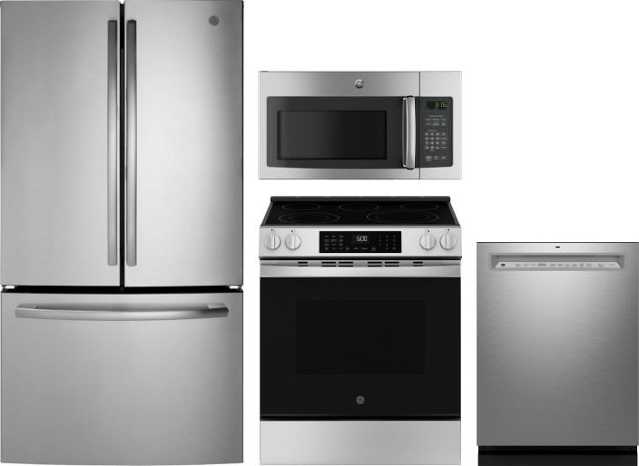 GE 4 Piece Kitchen Appliances Package with French Door Refrigerator, Electric Range, Dishwasher and Over the Range Microwave in Stainless Steel GERERA