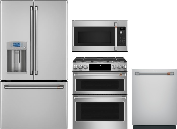Cafe 4 Piece Kitchen Appliances Package with French Door Refrigerator, Gas Range, Dishwasher and Over the Range Microwave in Stainless Steel CAFRERADW