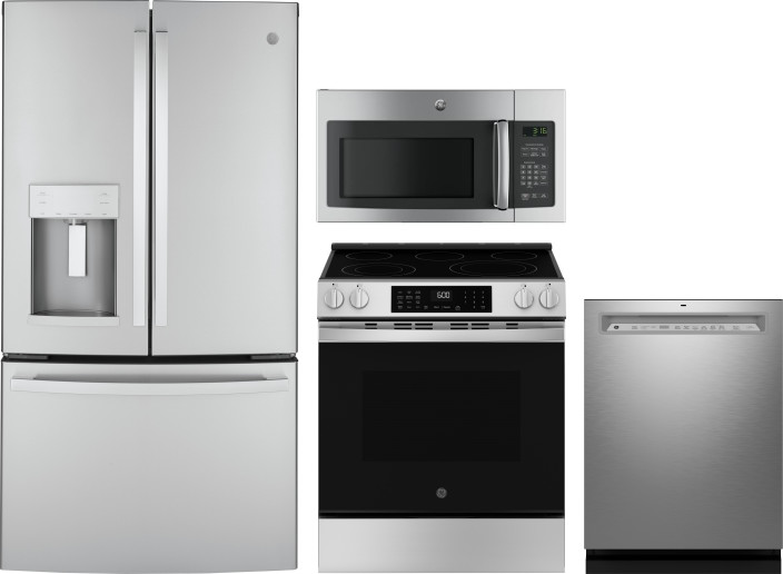 GE 4 Piece Kitchen Appliances Package with French Door Refrigerator, Electric Range, Dishwasher and Over the Range Microwave in Stainless Steel GERERA