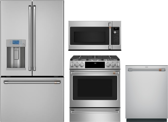 Cafe 4 Piece Kitchen Appliances Package with French Door Refrigerator, Gas Range, Dishwasher and Over the Range Microwave in Stainless Steel CAFRERADW
