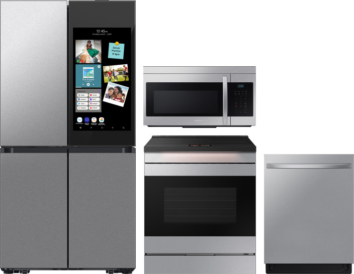 Samsung 4 Piece Kitchen Appliances Package with French Door Refrigerator, Induction Range, Dishwasher and Over the Range Microwave in Fingerprint Resi