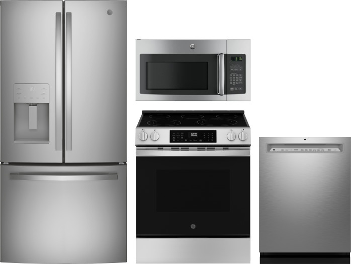 GE 4 Piece Kitchen Appliances Package with French Door Refrigerator, Electric Range, Dishwasher and Over the Range Microwave in Stainless Steel GERERA