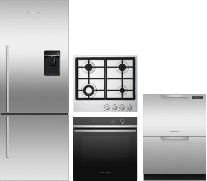 Fisher & Paykel Active Smart Contemporary 4 Piece Kitchen Appliances Package with Bottom Freezer Refrigerator and Dishwasher in Stainless Steel FPRECT