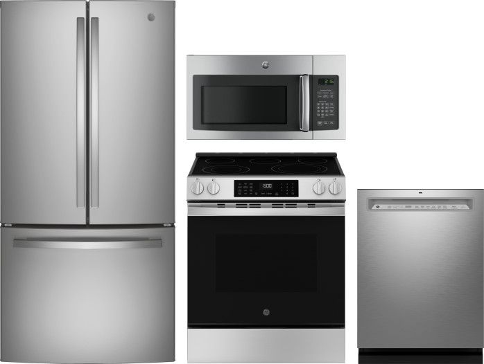GE 4 Piece Kitchen Appliances Package with French Door Refrigerator, Electric Range, Dishwasher and Over the Range Microwave in Stainless Steel GERERA