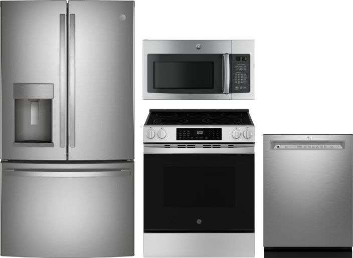 GE 4 Piece Kitchen Appliances Package with French Door Refrigerator, Electric Range, Dishwasher and Over the Range Microwave in Stainless Steel GERERA