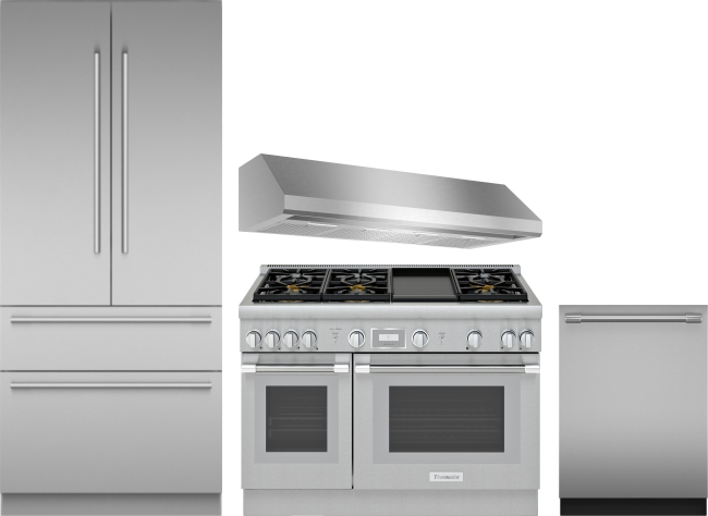 Thermador 4 Piece Kitchen Appliances Package with French Door Refrigerator, Gas Range and Dishwasher in Stainless Steel THRERADWRH1319