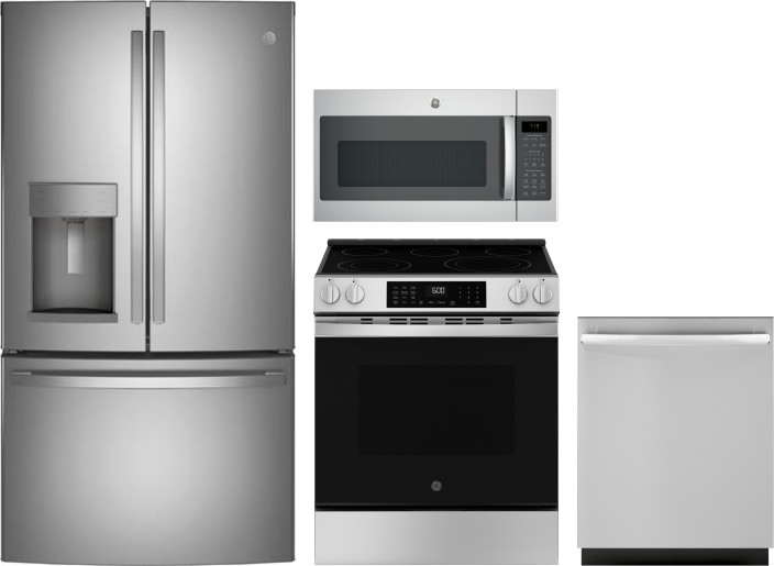 GE 4 Piece Kitchen Appliances Package with French Door Refrigerator, Electric Range, Dishwasher and Over the Range Microwave in Stainless Steel GERERA
