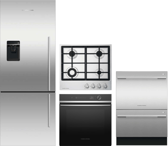 Fisher & Paykel Series 5 Contemporary 4 Piece Kitchen Appliances Package with Bottom Freezer Refrigerator and Dishwasher in Stainless Steel FPRECTWODW