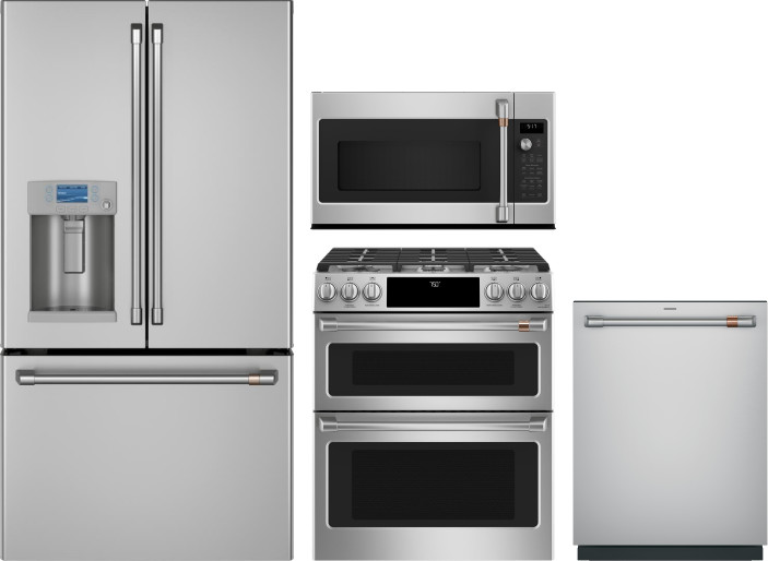 Cafe 4 Piece Kitchen Appliances Package with French Door Refrigerator, Gas Range, Dishwasher and Over the Range Microwave in Stainless Steel CAFRERADW