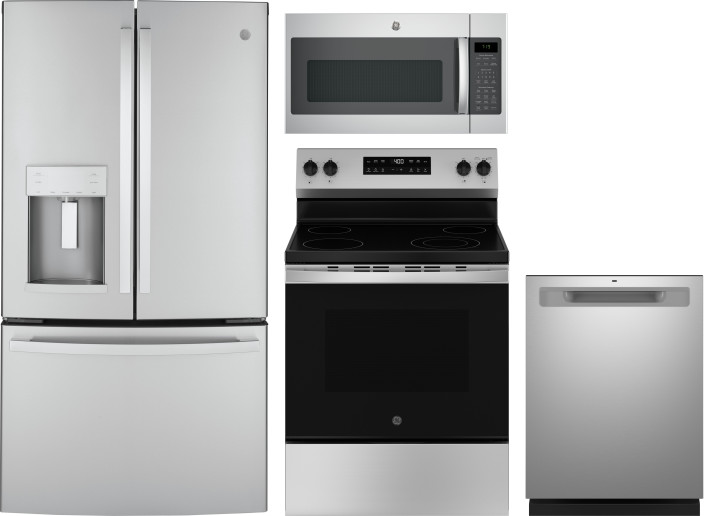 GE 4 Piece Kitchen Appliances Package with French Door Refrigerator, Electric Range, Dishwasher and Over the Range Microwave in Stainless Steel GERERA