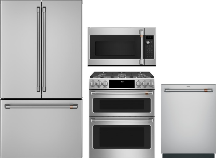 Cafe 4 Piece Kitchen Appliances Package with French Door Refrigerator, Dual Fuel Range, Dishwasher and Over the Range Microwave in Stainless Steel CAF