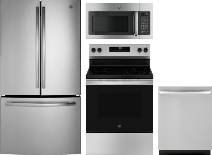 GE 4 Piece Kitchen Appliances Package with French Door Refrigerator, Electric Range, Dishwasher and Over the Range Microwave in Stainless Steel GERERA