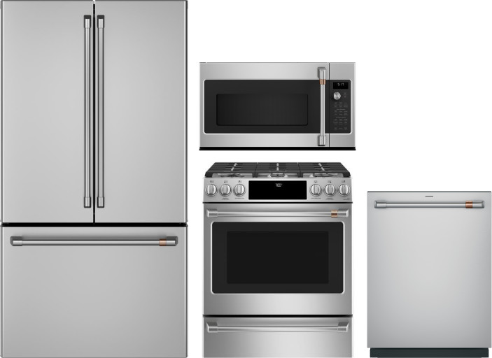 Cafe 4 Piece Kitchen Appliances Package with French Door Refrigerator, Gas Range, Dishwasher and Over the Range Microwave in Stainless Steel CAFRERADW