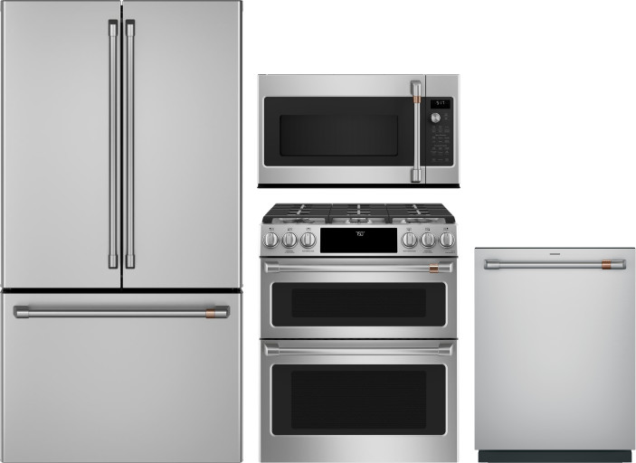 Cafe 4 Piece Kitchen Appliances Package with French Door Refrigerator, Gas Range, Dishwasher and Over the Range Microwave in Stainless Steel CAFRERADW