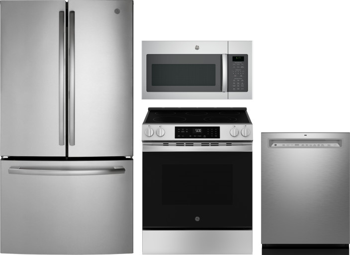 GE 4 Piece Kitchen Appliances Package with French Door Refrigerator, Electric Range, Dishwasher and Over the Range Microwave in Stainless Steel GERERA