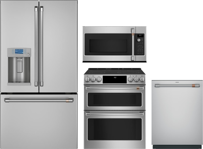 Cafe 4 Piece Kitchen Appliances Package with French Door Refrigerator, Electric Range, Dishwasher and Over the Range Microwave in Stainless Steel CAFR