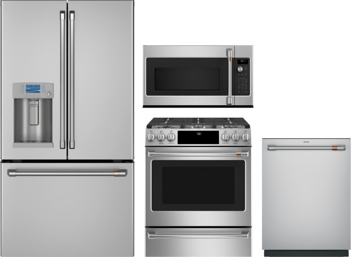 Cafe 4 Piece Kitchen Appliances Package with French Door Refrigerator, Gas Range, Dishwasher and Over the Range Microwave in Stainless Steel CAFRERADW