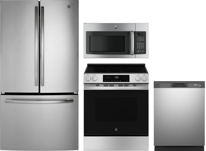 GE 4 Piece Kitchen Appliances Package with French Door Refrigerator, Electric Range, Dishwasher and Over the Range Microwave in Stainless Steel GERERA