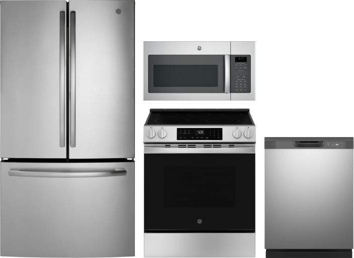 GE 4 Piece Kitchen Appliances Package with French Door Refrigerator, Electric Range, Dishwasher and Over the Range Microwave in Stainless Steel GERERA