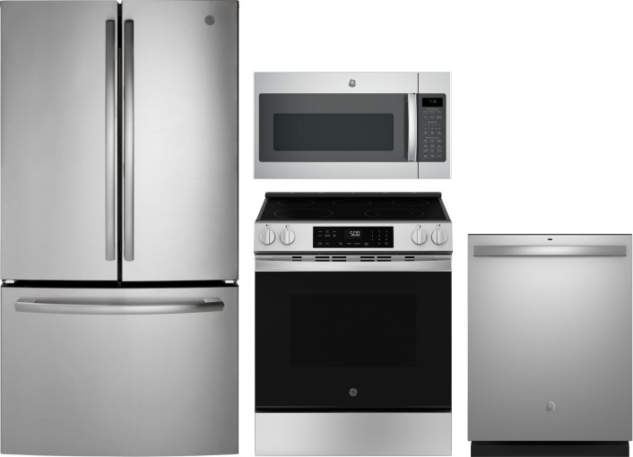 GE 4 Piece Kitchen Appliances Package with French Door Refrigerator, Electric Range, Dishwasher and Over the Range Microwave in Stainless Steel GERERA