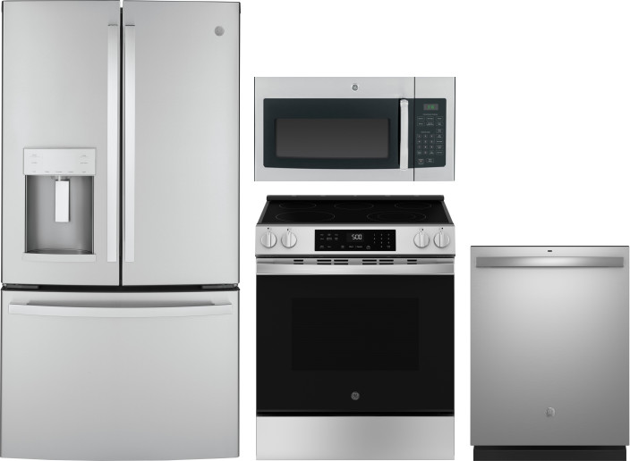 GE 4 Piece Kitchen Appliances Package with French Door Refrigerator, Electric Range, Dishwasher and Over the Range Microwave in Stainless Steel GERERA